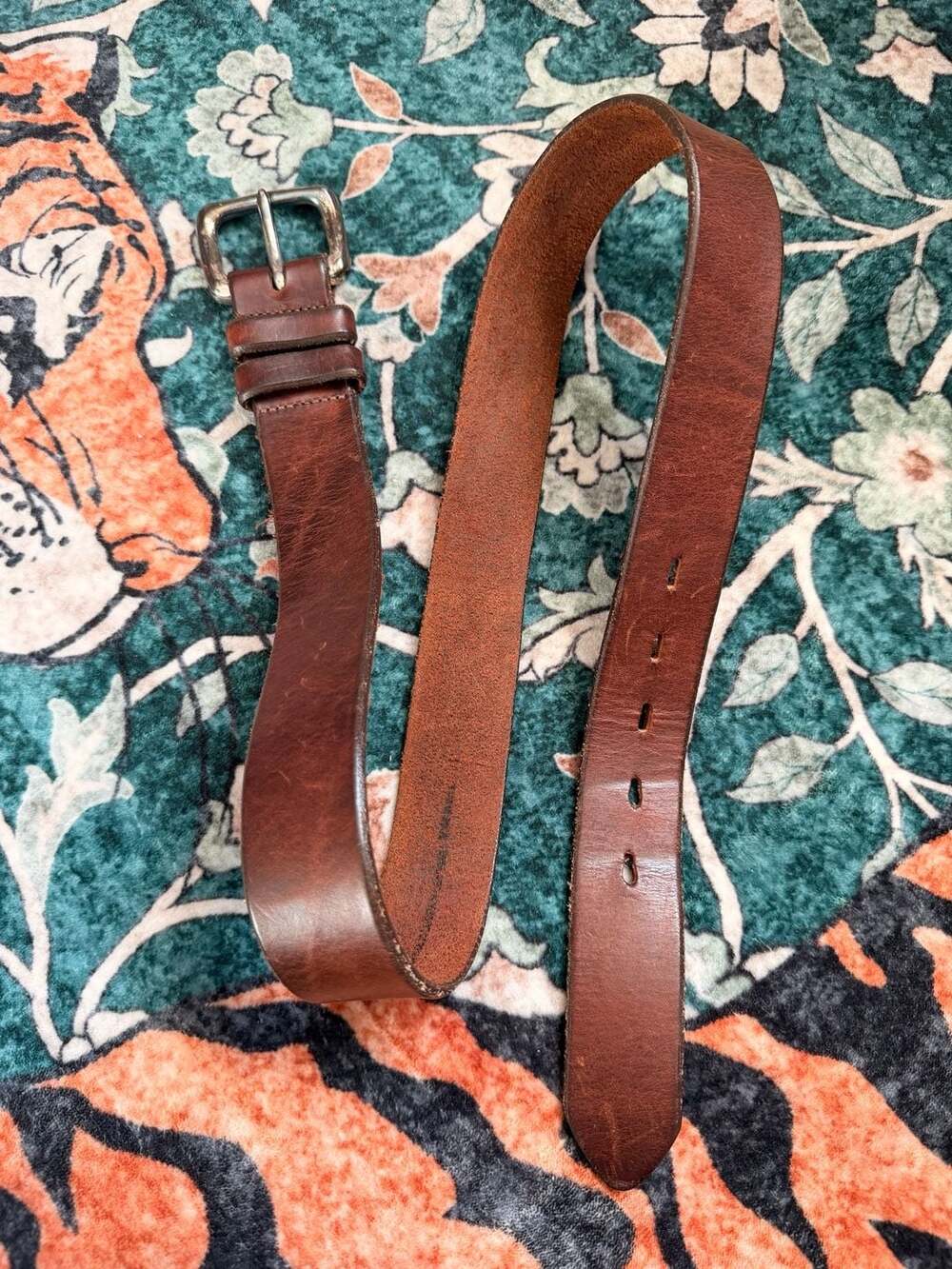 Vintage Chunky Brown Genuine Leather Belt with Solid Brass Buckle Silver Size 34